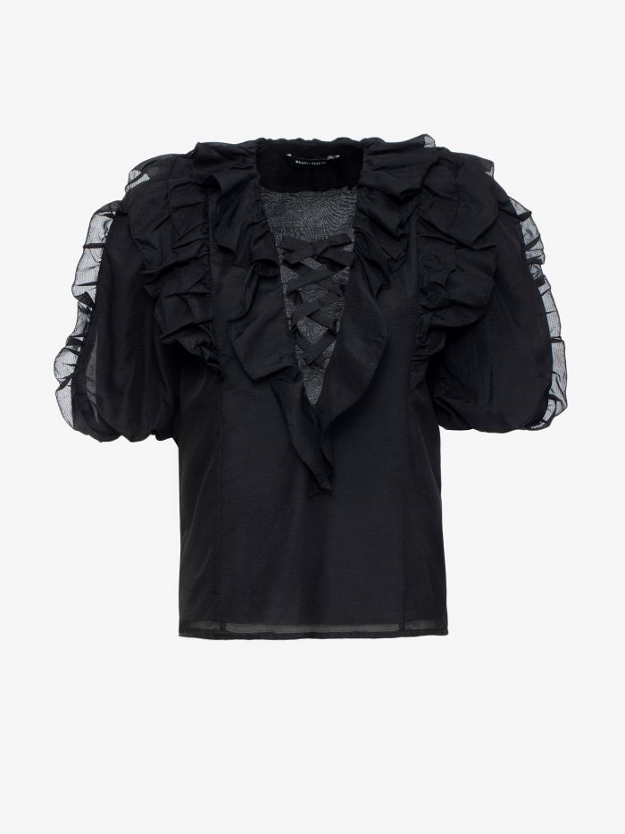 טופ שרוולים מנופחים דיטייל קשירה - בגדים